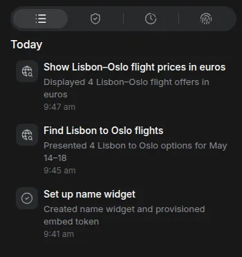 The Activity panel under Today: Show Lisbon–Oslo flight prices in euros, Find Lisbon to Oslo flights and Set up name widget, each with a short summary and the time it happened.